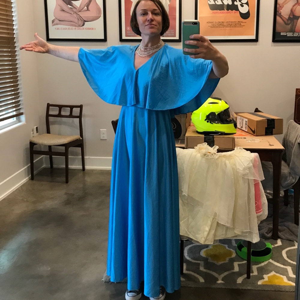 Incredible blue 70s vintage capelet dress